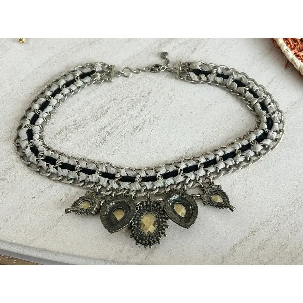 Ann Taylor LOFT Statement Necklace – Mixed Media Chain & Cord Crystal Pendants